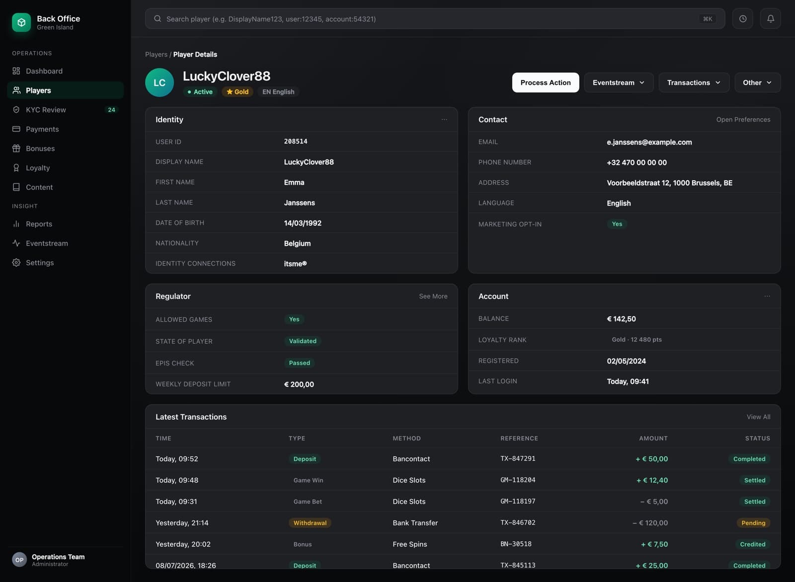 Online casino back office screenshot